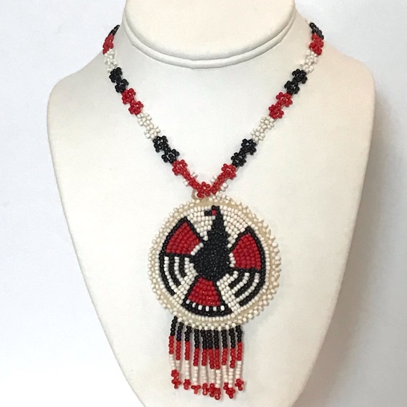Vintage Jewelry - Vintage Hand Beaded Thunderbird Necklace